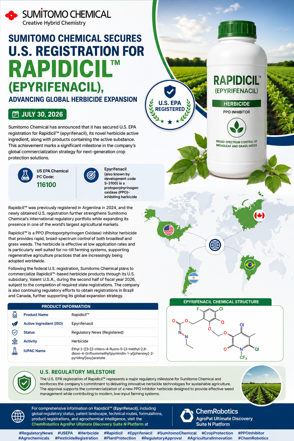 Sumitomo Chemical Secures U.S. Registration for Rapidicil™ (Epyrifenacil), Advancing Global Herbicide Expansion